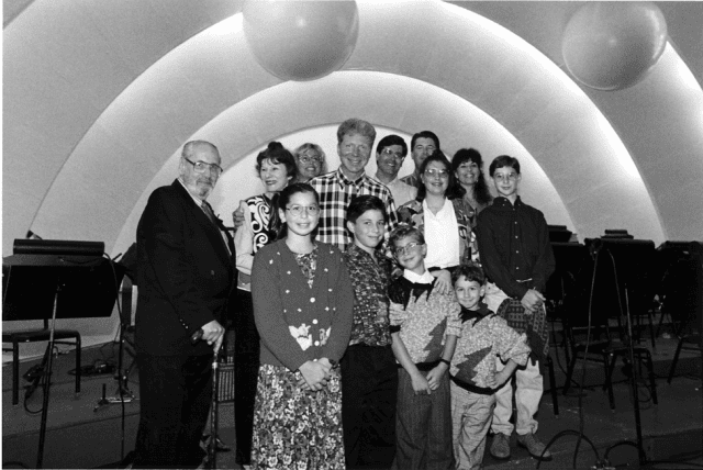 Ernst Korngold (left) and members of the Korngold family onstage at the Bowl after hearing music by Erich Wolfgang Korngold for the first time in 1991.[Photo: Donald Dietz]
